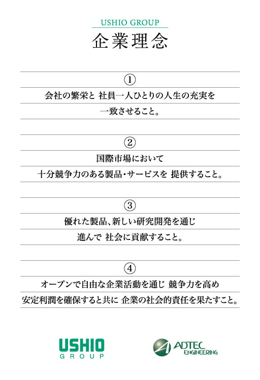 1．会社の繁栄と 社員一人ひとりの人生の充実を一致させること。2．国際市場において十分競争力のある製品・サービスを提供すること。3．優れた製品、新しい研究開発を通じ進んで社会に貢献すること。4．オープンで自由な企業活動を通じ 競争力を高め安定利潤を確保すると共に 企業の社会的責任を果たすこと。